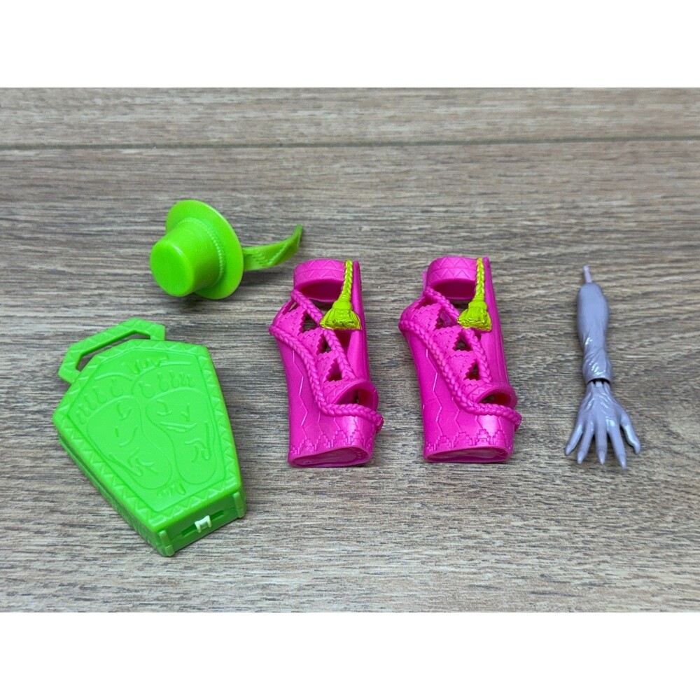 Monster High Marisol Coxi Accessories Lot: Coffin Purse, Hat, Pink Boots, Arm